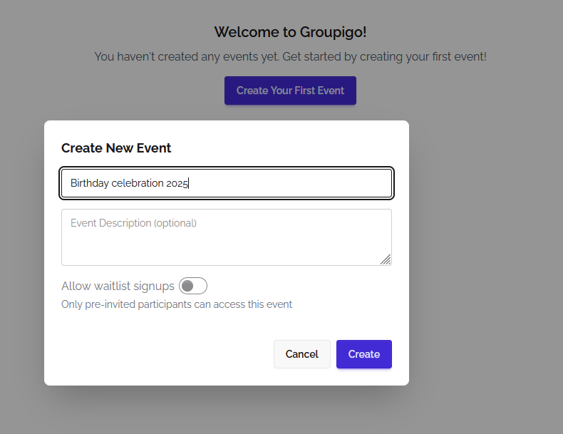 Event creation interface